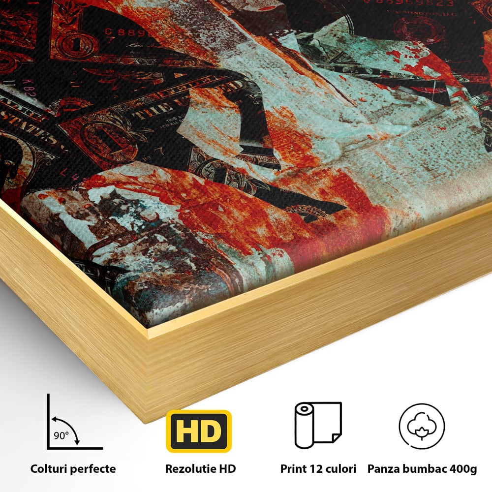 Detaliu al suprafetei: tablou canvas cu tauri din bancnote, in rama de aluminiu auriu
